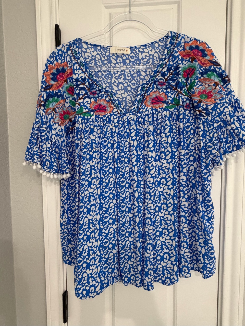 Umgee Royal Blue Floral Embroidered V-Neck Peasant Top